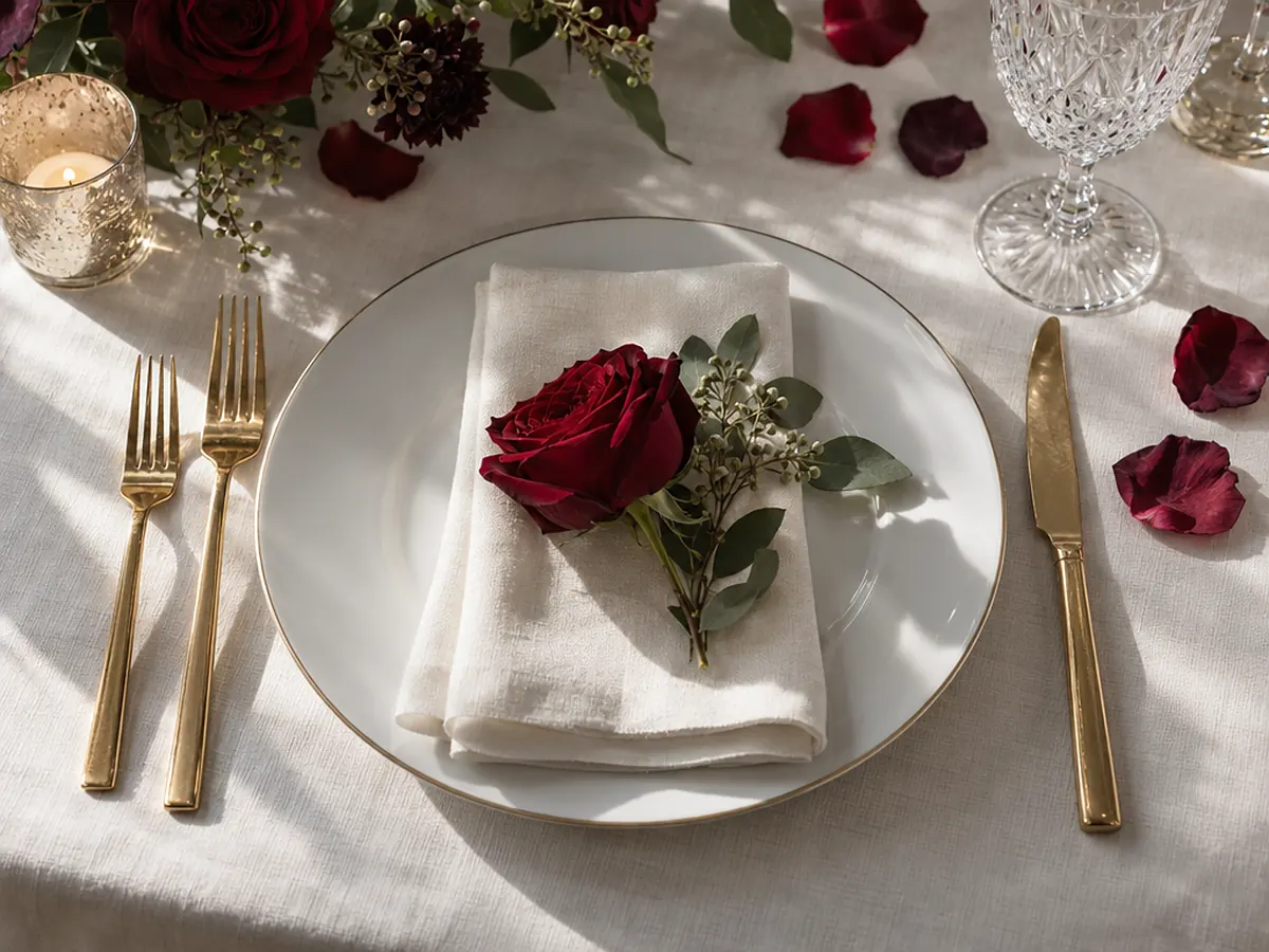 An ivory reception place setting with a deep red rose, gold flatware and scattered petals